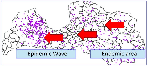 ▲ (그림 2) 상재지역(endemic area)에서 전파파도(epidemic wave)를 타고 번져가는 ASF (출처 : ASF control in wild boars - lessons learnt from EU, Vittorio Guberti)