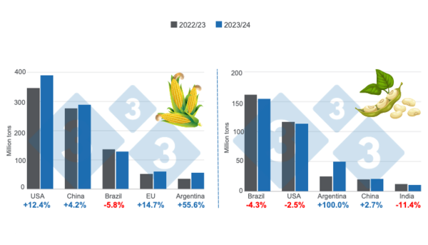 ▲ 2023/24년 전 세계 주요 국가의 옥수수 및 대두 생산량 전망 (자료 / Pig333)