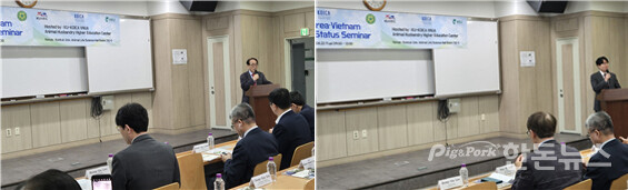 ▲&nbsp;‘2025 한·베트남 축산현황 세미나’에서 인사말을 전하고 있는 김수기 교수(좌)와 축사를 전하고 있는 이홍구 교수(우) (사진 / 건국대)