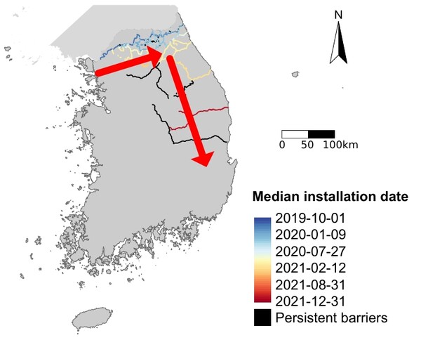 ▲ (그림 3) ASF 시기별 전국 확산 현황(동남진) (출처 / Lim et al. Veterinary Research)