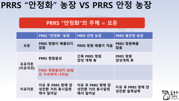 ▲ 신준재 도하SPC동물병원장이 제시한 PRRS 안정화 농장과 안정 농장의 기준 (자료 / 신준재 원장 발표자료 발췌)