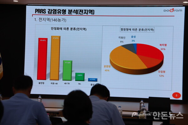 ▲ 한승재 수의사 발표에 따르면, 지난해 146개 농가의 PRRS 감염 현황 분석 결과에서 불안정 농장이 35.6%에 달했고, 혼합형 피해는 45%로 높았다.&nbsp;