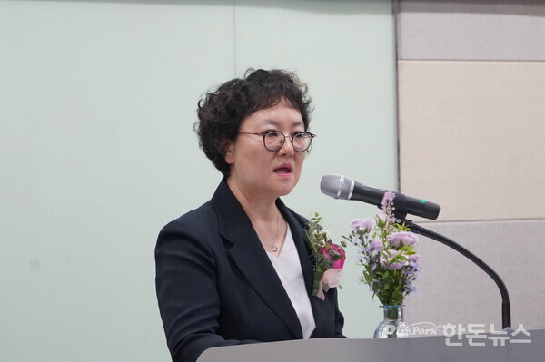 ▲ 가축위생방역지원본부 제11대 김정희 본부장이 취임사를 전하고 있다. (사진 / 이명화 기자)